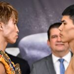 Naoya Inoue (L) of Japan and Kim Ye-joon of South Korea pose during the official weigh-in ahead of their world super-bantamweight title boxing bout in Yokohama, Kanagawa, Japan on January 23, 2025. Noxthirdxpartyxsales PUBLICATIONxNOTxINxJPN (279346470)