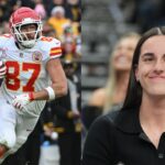 Travis Kelce (L), Caitlin Clark (R)