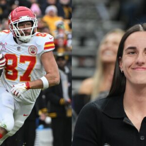 Travis Kelce (L), Caitlin Clark (R)