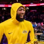 Los Angeles Lakers center Anthony Davis (3) laughs as he exits the court after a game against the Golden State Warriors at Chase Center