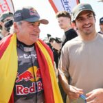 SAINZ Carlos (spa), Team Audi Audi RS Q E-Tron E2, FIA Ultimate, FIA W2RC, portrait with his son Carlos Sainz Jr finish line, arrive, during Stage 12 of the Dakar 2024