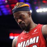 Miami Heat forward Jimmy Butler (22) walks off the court after the game against the Detroit Pistons at Little Caesars Arena
