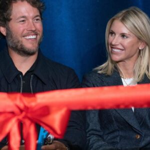 Mathew and Kelly Stafford share a laugh during speeches for the ribbon cutting of the Kelly and Matthew Stafford and Friends Education Center at the S.A.Y Detroit Play Center in Detroit on Monday, April 1, 2024.