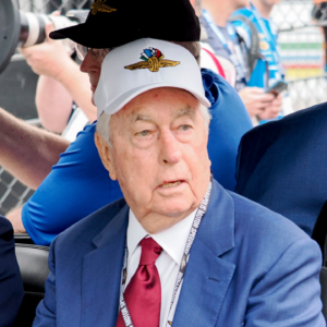 Roger Penske drives his golf cart along pit lane Sunday, May 26, 2024, ahead of the 108th running of the Indianapolis 500 at Indianapolis Motor Speedway.