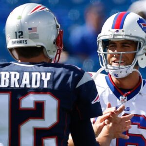 Sep 20, 2015; Orchard Park, NY, USA; New England Patriots quarterback Tom Brady (12) and Buffalo Bills quarterback Matt Cassel (16) before the game at Ralph Wilson Stadium.