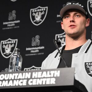Las Vegas Raiders tight end Brock Bowers speaks to the media at Intermountain Health Performance Center in Henderson, NV.