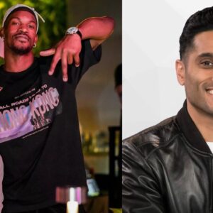 Bernie Lee and Jimmy Butler (L) and Shams Charania (R)