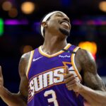 Phoenix Suns guard Bradley Beal (3) reacts after a play against the Philadelphia 76ers during the third quarter at Wells Fargo Center.