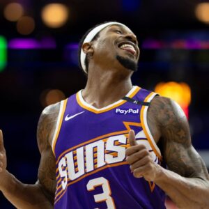 Phoenix Suns guard Bradley Beal (3) reacts after a play against the Philadelphia 76ers during the third quarter at Wells Fargo Center.