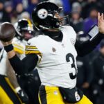 Jan 11, 2025; Baltimore, Maryland, USA; Pittsburgh Steelers quarterback Russell Wilson (3) passes against the Baltimore Ravens in the second quarter in an AFC wild card game at M&T Bank Stadium.