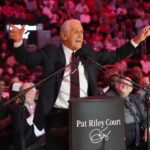 Miami Heat president Pat Riley addresses the crowd during the Pat Riley Court dedication ceremony at halftime at Kaseya Center.
