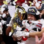 Jan 20, 2025; Atlanta, GA, USA; The Ohio State Buckeyes celebrates after winning against the Notre Dame Fighting Irish in the CFP National Championship college football game at Mercedes-Benz Stadium.