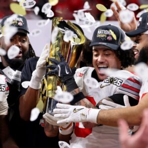 Jan 20, 2025; Atlanta, GA, USA; The Ohio State Buckeyes celebrates after winning against the Notre Dame Fighting Irish in the CFP National Championship college football game at Mercedes-Benz Stadium.