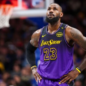 Los Angeles Lakers forward LeBron James (23) reacts against the Dallas Mavericks during the second half at American Airlines Center.