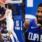 LeBron James's poster on Dereck Lively (L) and Paul George (R)