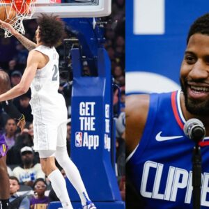 LeBron James's poster on Dereck Lively (L) and Paul George (R)