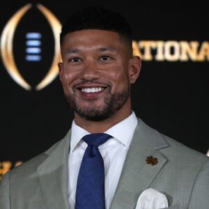 Notre Dame Fighting Irish head coach Marcus Freeman during College Football Playoff National Championship press conference at The Westin Peachtree Plaza, Savannah Ballroom.