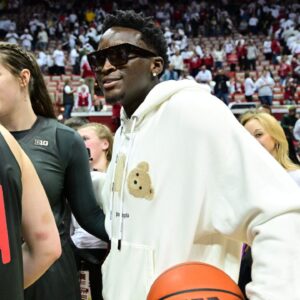 Former Indiana Pacer Victor Oladipo shares a moment with the Indiana Hoosiers after the game against the Iowa Hawkeyes at Simon Skjodt Assembly Hall.