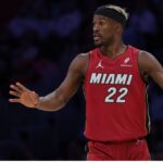 Miami Heat forward Jimmy Butler (22) reacts against the Portland Trail Blazers during the third quarter at Kaseya Center