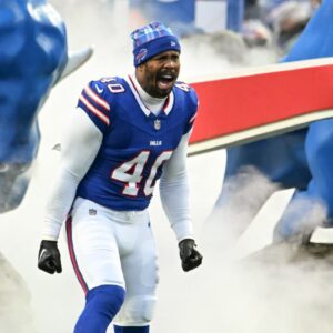 Buffalo Bills linebacker Von Miller (40) enters the field before a game against the New York Jets at Highmark Stadium.