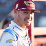 NASCAR Cup Series driver Kyle Larson (5) flies in from Indy and arrives during the All Star race at North Wilkesboro Speedway.
