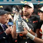 Super Bowl 57: Kansas City Chiefs quarterback Patrick Mahomes passes the the Lombardi Trophy to Travis Kelce after winning the Super Bowl against the Philadelphia Eagles at State Farm Stadium on Feb 12, 2023.