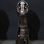 The Oakland and Las Los Angeles Raiders Vince Lombardi Super Bowl 11 (XI), Super Bowl 15 (XV) and Super Bowl 28 (XVIII) champion trophies at the Intermountain Health Performance Center.