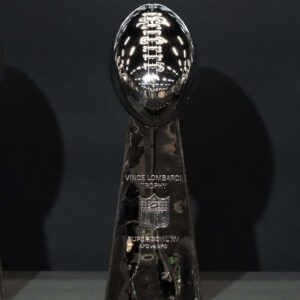 The Oakland and Las Los Angeles Raiders Vince Lombardi Super Bowl 11 (XI), Super Bowl 15 (XV) and Super Bowl 28 (XVIII) champion trophies at the Intermountain Health Performance Center.