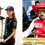Lewis Hamilton and Nicole Scherzinger (L), and Fernando Alonso (R)