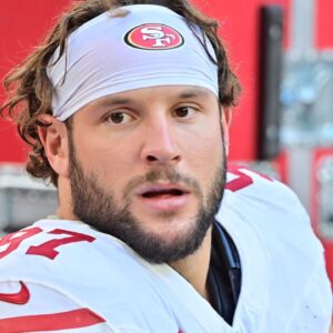 San Francisco 49ers defensive end Nick Bosa (97) looks on in the first half against the Arizona Cardinals at State Farm Stadium.