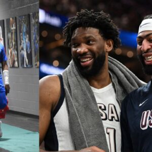 Andre Drummond (L), Joel Embiid and Anthony Davis (R)
