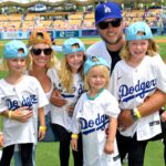 Los Angeles Rams quarterback Matthew Stafford (9) with his wife Kelly with their 4 daughters on the field prior to the game between the Los Angeles Dodgers and the Atlanta Braves at Dodger Stadium. Stafford was at the game on Rams day.
