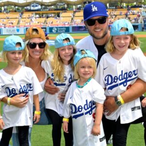 Los Angeles Rams quarterback Matthew Stafford (9) with his wife Kelly with their 4 daughters on the field prior to the game between the Los Angeles Dodgers and the Atlanta Braves at Dodger Stadium. Stafford was at the game on Rams day.