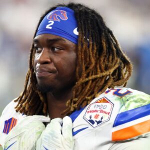 Boise State Broncos running back Ashton Jeanty (2) reacts after the game against the Penn State Nittany Lions in the Fiesta Bowl at State Farm Stadium.