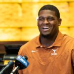 Longhorns football offensive lineman Kelvin Banks Jr. speaks to members of the press ahead of the 2023 football season.