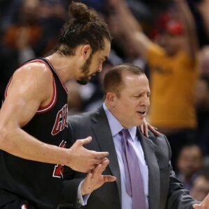 Chicago Bulls center Joakim Noah (13) talks to head coach Tom Thibodeau against the Toronto Raptors at Air Canada Centre. The Bulls beat the Raptors 94-92.
