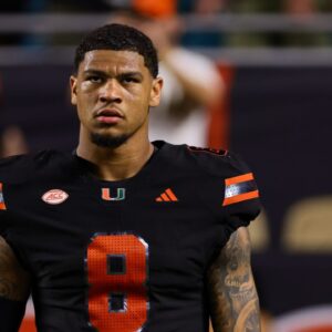 Miami Hurricanes tight end Elijah Arroyo (8) looks on from the field before the game against the Florida State Seminoles at Hard Rock Stadium.