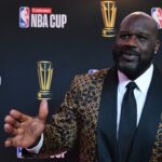 Shaquille O'Neal arrives on the red carpet before the Emirates NBA Cup semifinal game at T-Mobile Arena