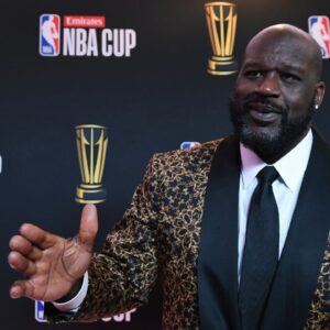 Shaquille O'Neal arrives on the red carpet before the Emirates NBA Cup semifinal game at T-Mobile Arena