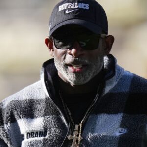 Colorado Buffaloes head coach Deion Sanders looks on before the game against the Utah Utes at Folsom Field.