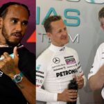 Lewis Hamilton (L), Michael Schumacher and Ross Brawn (R)