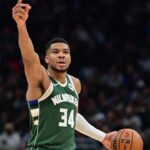 Milwaukee Bucks forward Giannis Antetokounmpo (34) reacts in the third quarter against the Miami Heat at Fiserv Forum.