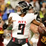 Dec 29, 2024; Landover, Maryland, USA; Atlanta Falcons quarterback Michael Penix Jr. (9) throws the ball against the Washington Commanders during the second half against the Atlanta Falcons at Northwest Stadium.