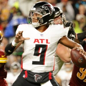 Dec 29, 2024; Landover, Maryland, USA; Atlanta Falcons quarterback Michael Penix Jr. (9) throws the ball against the Washington Commanders during the second half against the Atlanta Falcons at Northwest Stadium.