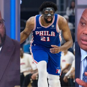 Shaquille O'Neal (L), Joel Embiid (C), and Charles Barkley (R)