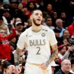 Chicago Bulls guard Lonzo Ball (2) reacts after making a three point basket against the New York Knicks during the second half at United Center