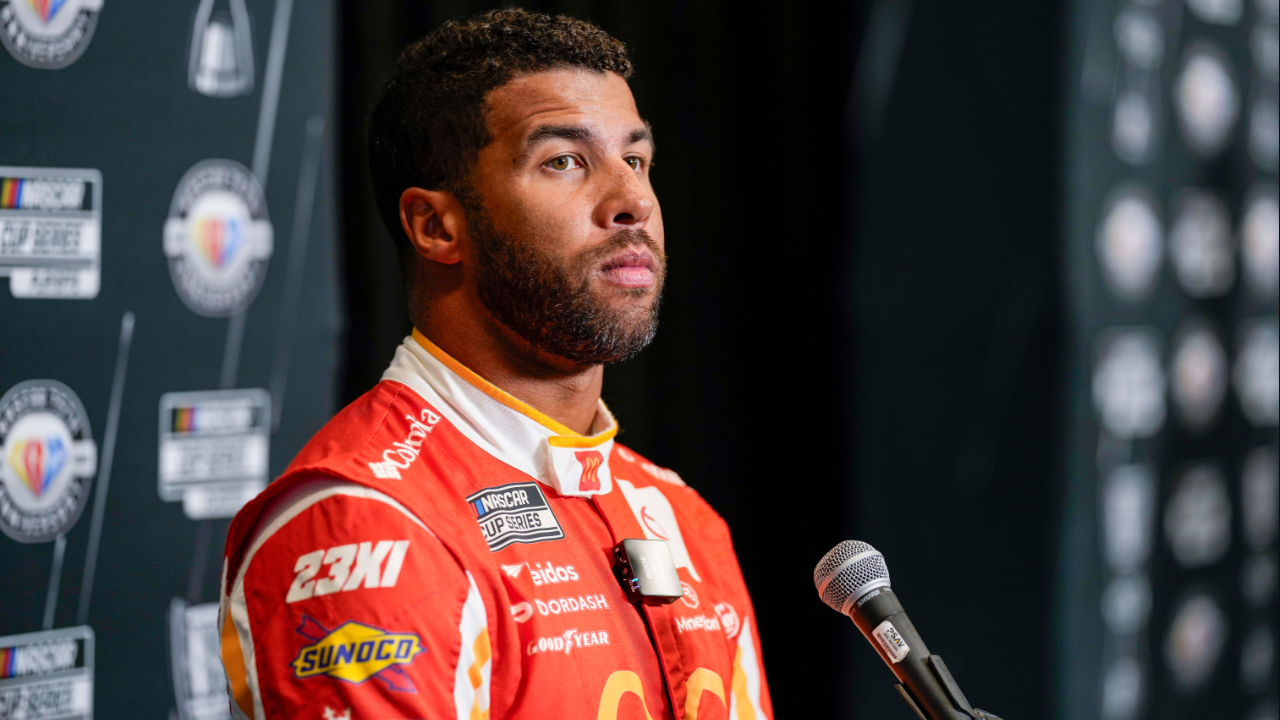 Aug 31, 2023; Charlotte, North Carolina, USA; Bubba Wallace answers questions from the media at Charlotte Convention Center. Mandatory Credit: Jim Dedmon-Imagn ImagesBubba Wallace Unfazed By Latest Ruling Against 23XI Racing in Lawsuit Against NASCAR