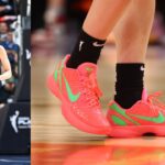 Caitlin Clark (L), Nike Kobe 6s worn by Clark at the WNBA All-Star Game (R)
