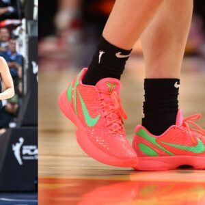 Caitlin Clark (L), Nike Kobe 6s worn by Clark at the WNBA All-Star Game (R)