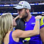 Los Angeles Rams quarterback Matthew Stafford (9) with wife Kelly Hall after defeating the San Francisco 49ers in the NFC Championship Game at SoFi Stadium.